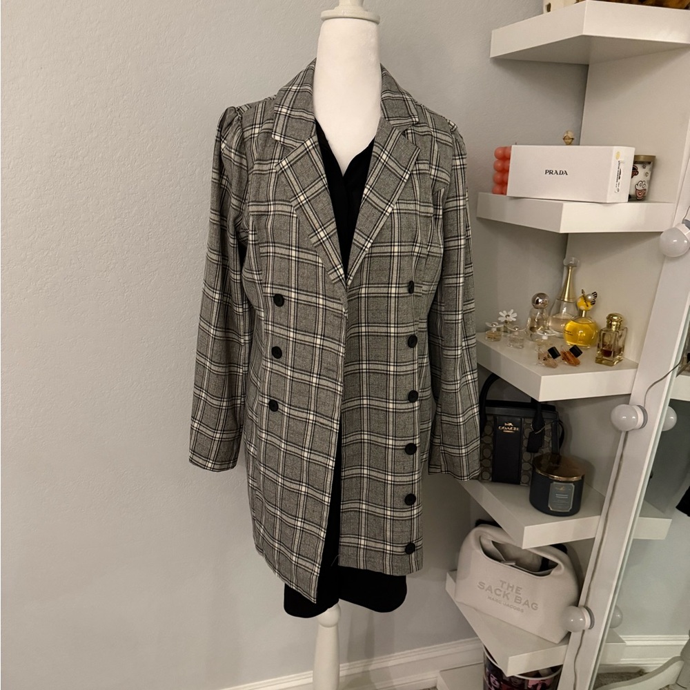 SHEIN Gray Plaid Double-Breasted Blazer - Picture 3 of 8